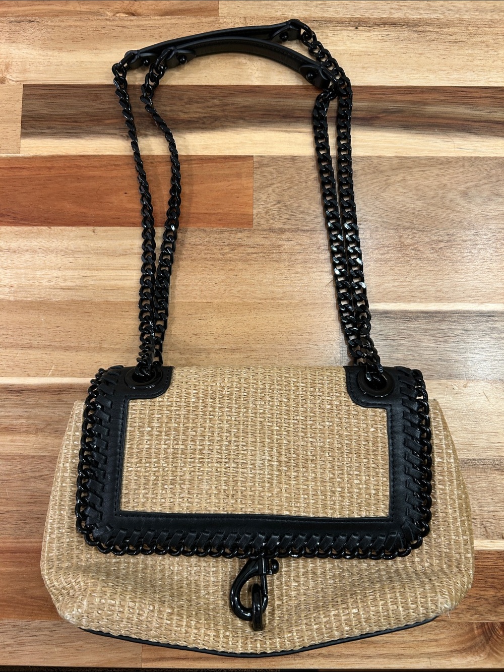 Rebecca Minkoff Woven Straw Shoulder Bag with Black Trim